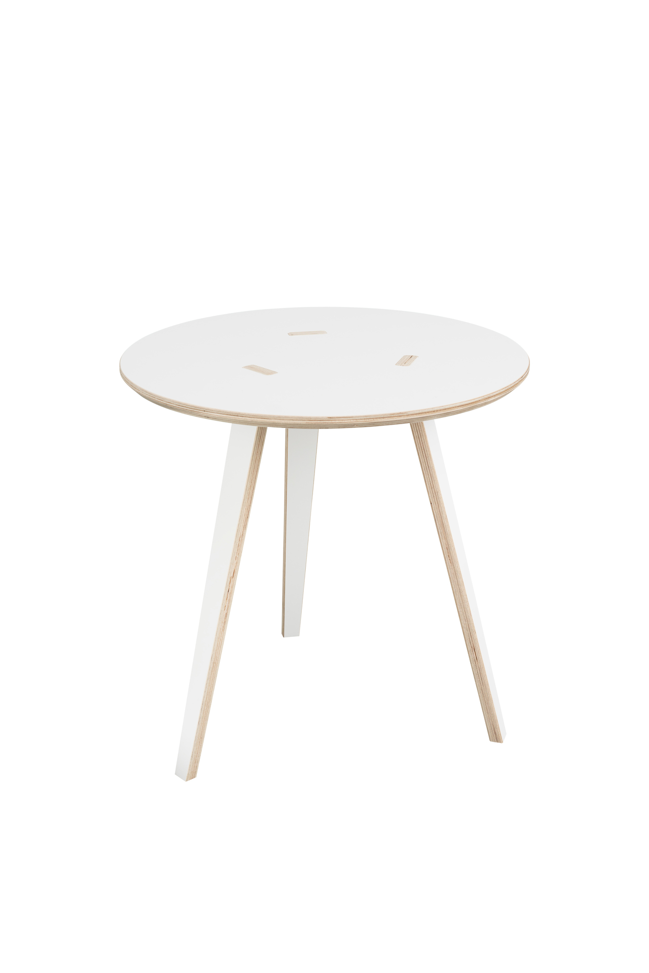 Weißer, runder Tojo Tisch 500 aus Holz mit drei Beinen für Wohnzimmer und Esszimmer.