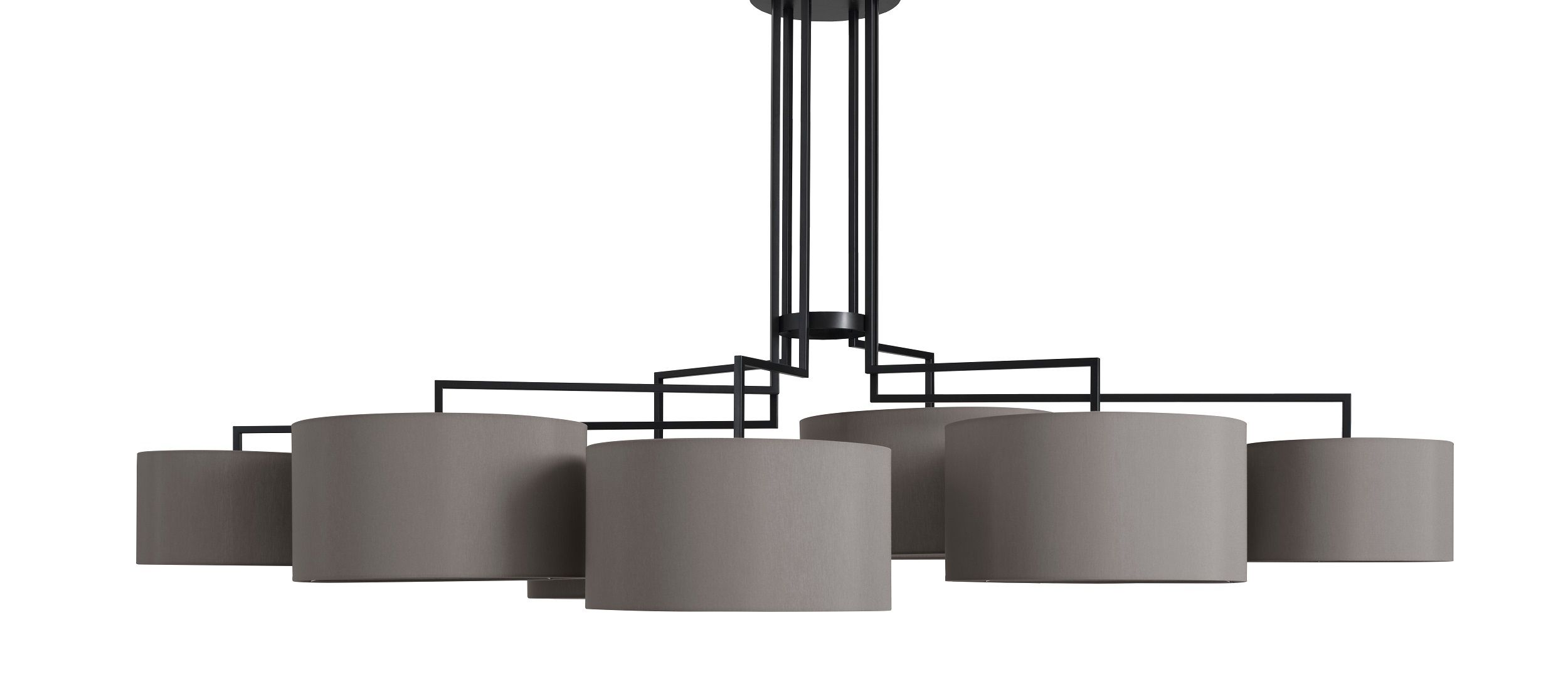 NOON 7 Deckenleuchte mit sieben grauen Lampenschirmen und schwarzem Gestell für Wohnzimmer und Esszimmer.