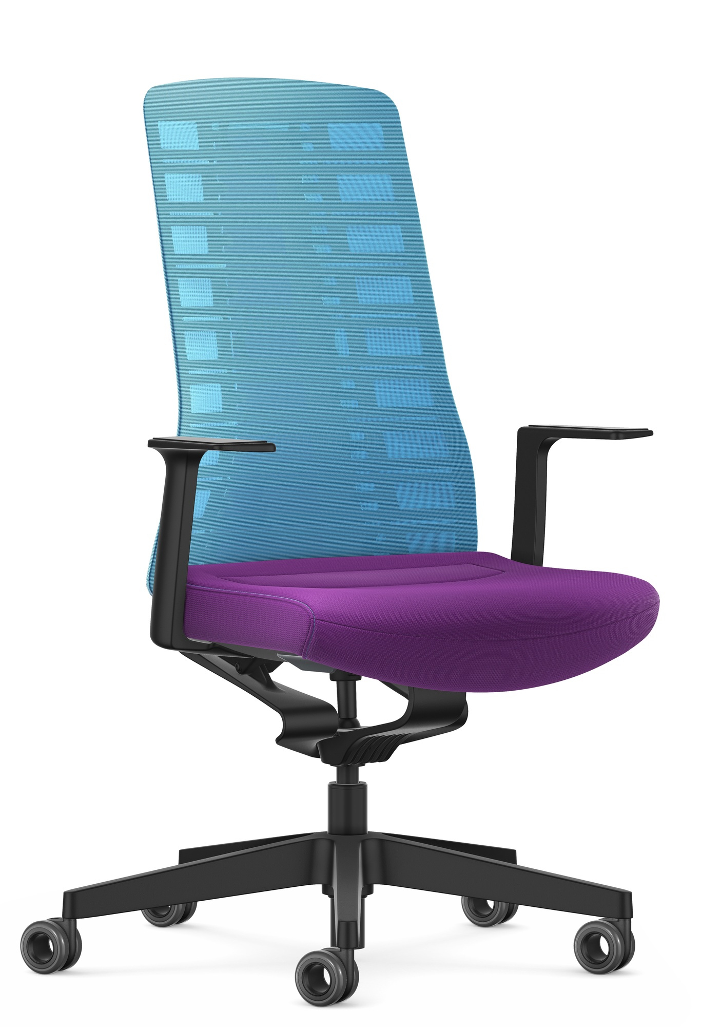 Interstuhl Bürostuhl: Hellblaues Netzgewebe, lila Sitzfläche, ergonomischer Drehstuhl für aktives Sitzen.