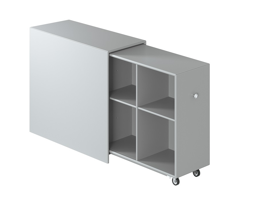 Graues Montana Cargo Modul Schrank-System 80 mit Rollen und offenen Regalfächern.