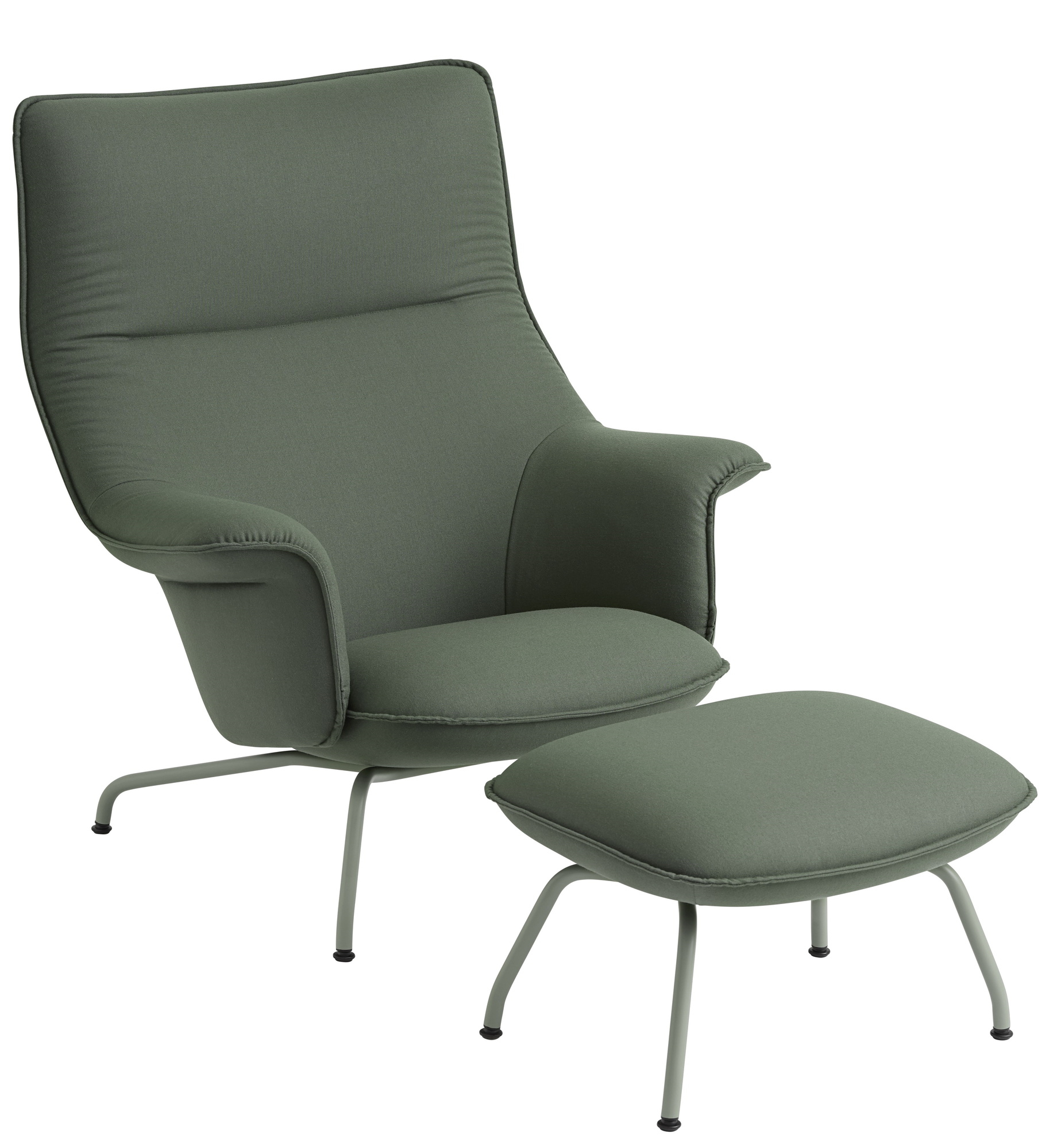 Grüner Doze Lounge Chair Sessel von Muuto mit passendem Hocker, moderner skandinavischer Stil.