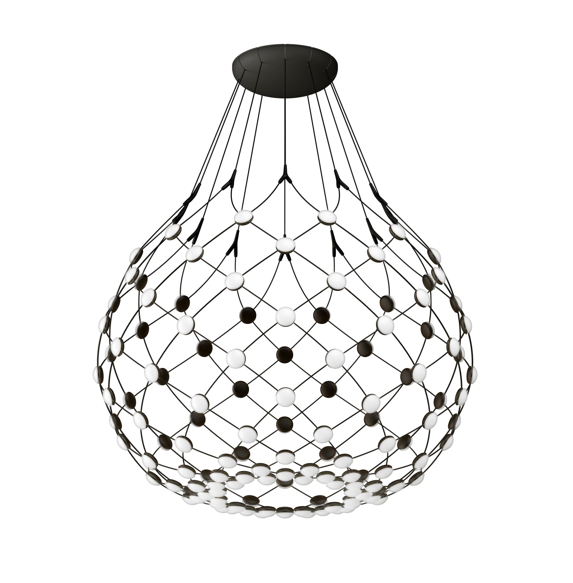 D86 Mesh Deckenleuchte von Luceplan: Moderne Hängeleuchte mit schwarzem Drahtgeflecht und weißen/schwarzen Lichtpunkten.