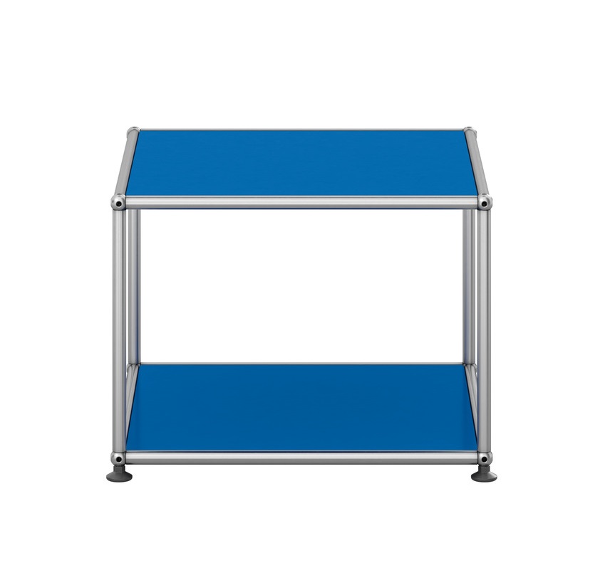 USM Haller Beistelltisch in Enzianblau, offenes Design mit zwei Ablageflächen, modernes Möbelstück für Wohnraum und Büro.