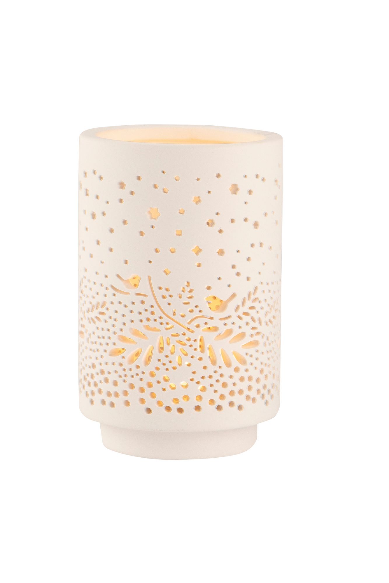 Living Licht Räder: Weißer Kerzenhalter mit Vogel- und Sternenmuster, warmes Licht scheint durch.