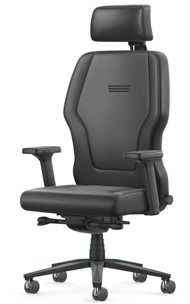 Schwarzer XXL Interstuhl Schwerlaststuhl XL113 mit hoher Rückenlehne und verstellbarer Kopfstütze.