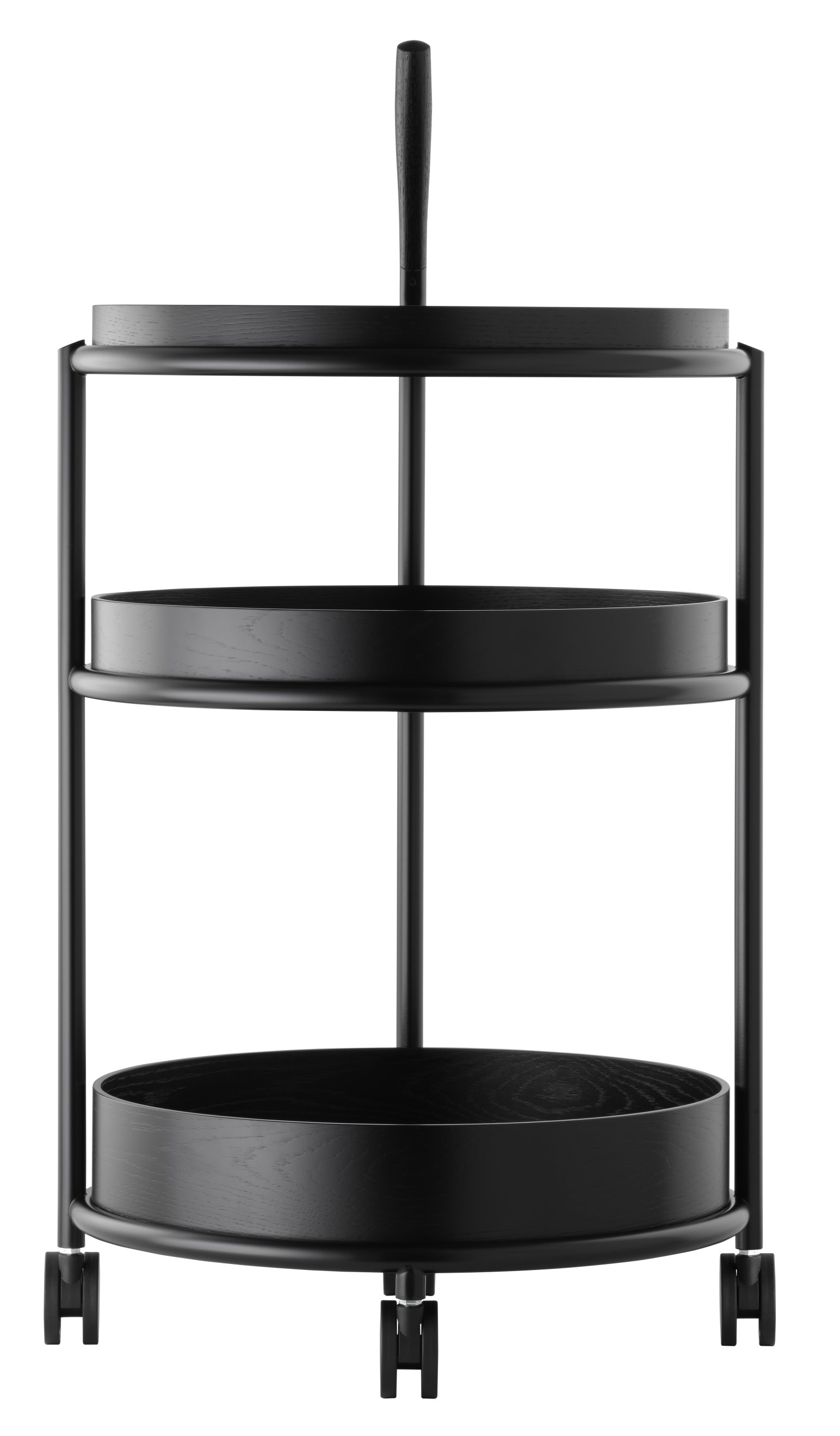 Schwarzer K6 Servierwagen von Tecta mit drei Etagen und Rollen, modernes Möbeldesign.