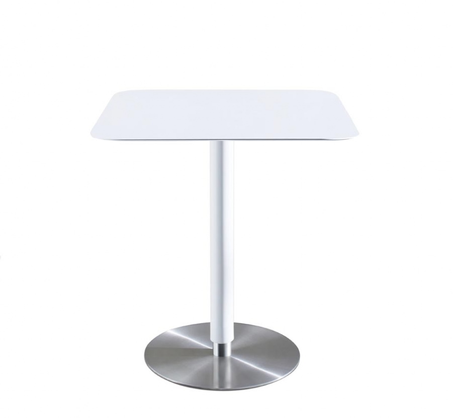 Weißer ED 75 Esstisch von Moree mit quadratischer Tischplatte und rundem Edelstahlfuß.