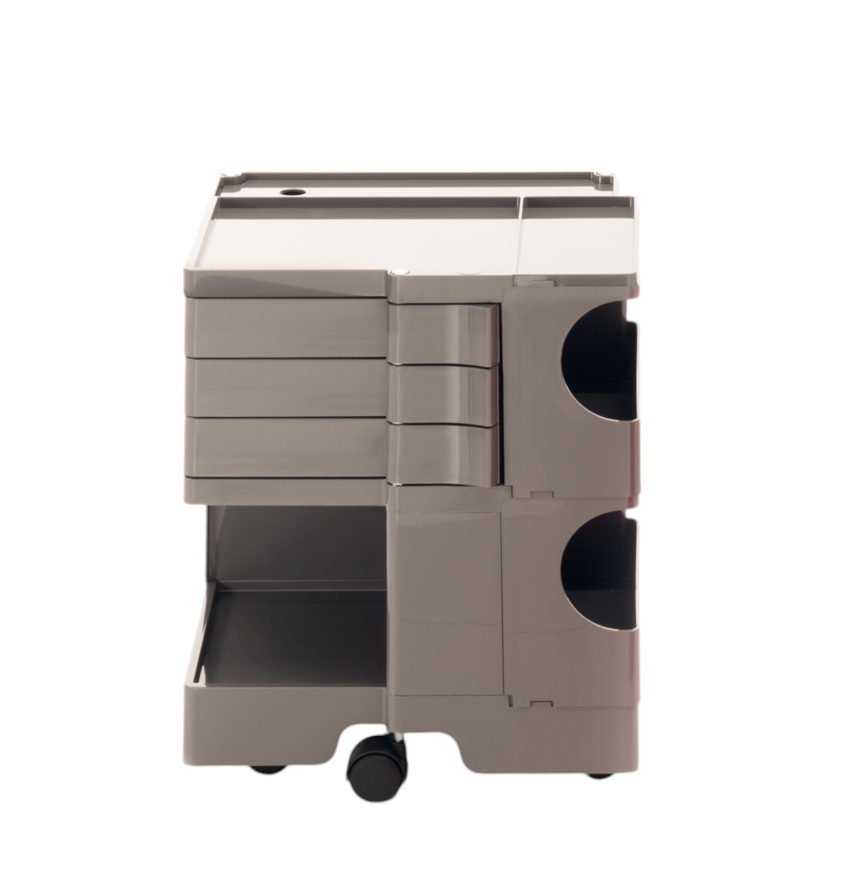 Boby B23 Rollcontainer Cumin: Moderner, grauer Rollwagen mit Schubladen und offenen Fächern auf Rollen.