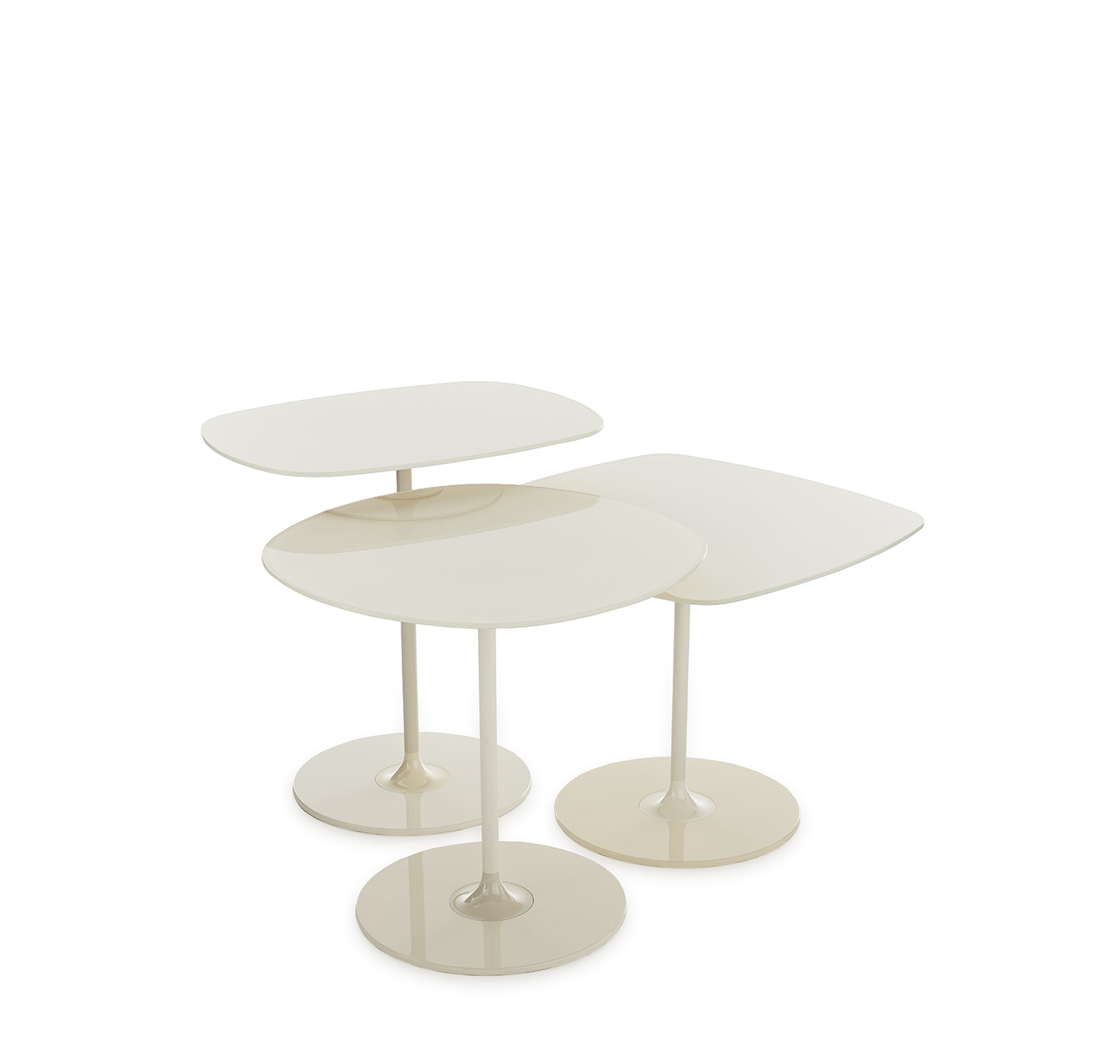 Kartell Thierry 4041 Beistelltisch in Grau, modernes Design mit runden und eckigen Tischplatten.