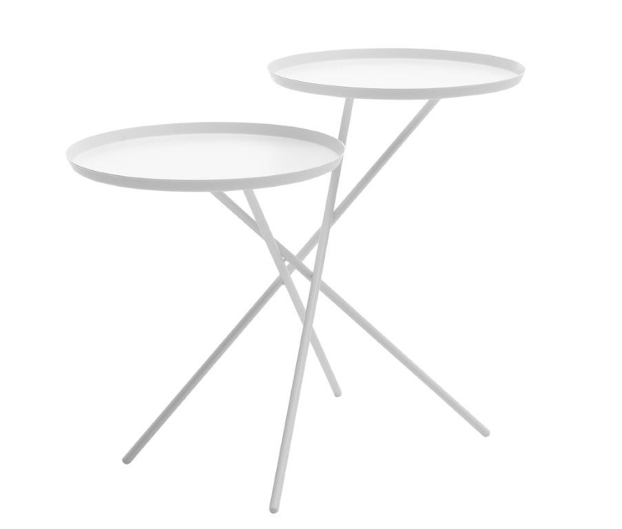 Zwei weiße Monday Beistelltische mit filigranem Metallgestell, moderne Wohnzimmermöbel und Ablagetische.