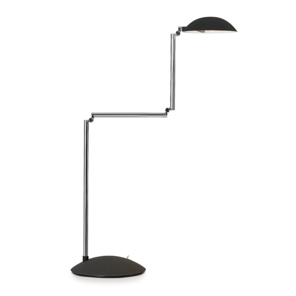 Orbis Tischleuchte von ClassiCon: Moderne Schreibtischlampe mit verstellbarem Chromgestell und schwarzem Lampenschirm.