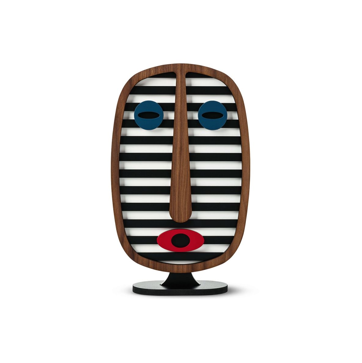 Moderne afrikanische Holzfigur, Umasqu Stil, mit Streifen, blauen Augen und rotem Mund.