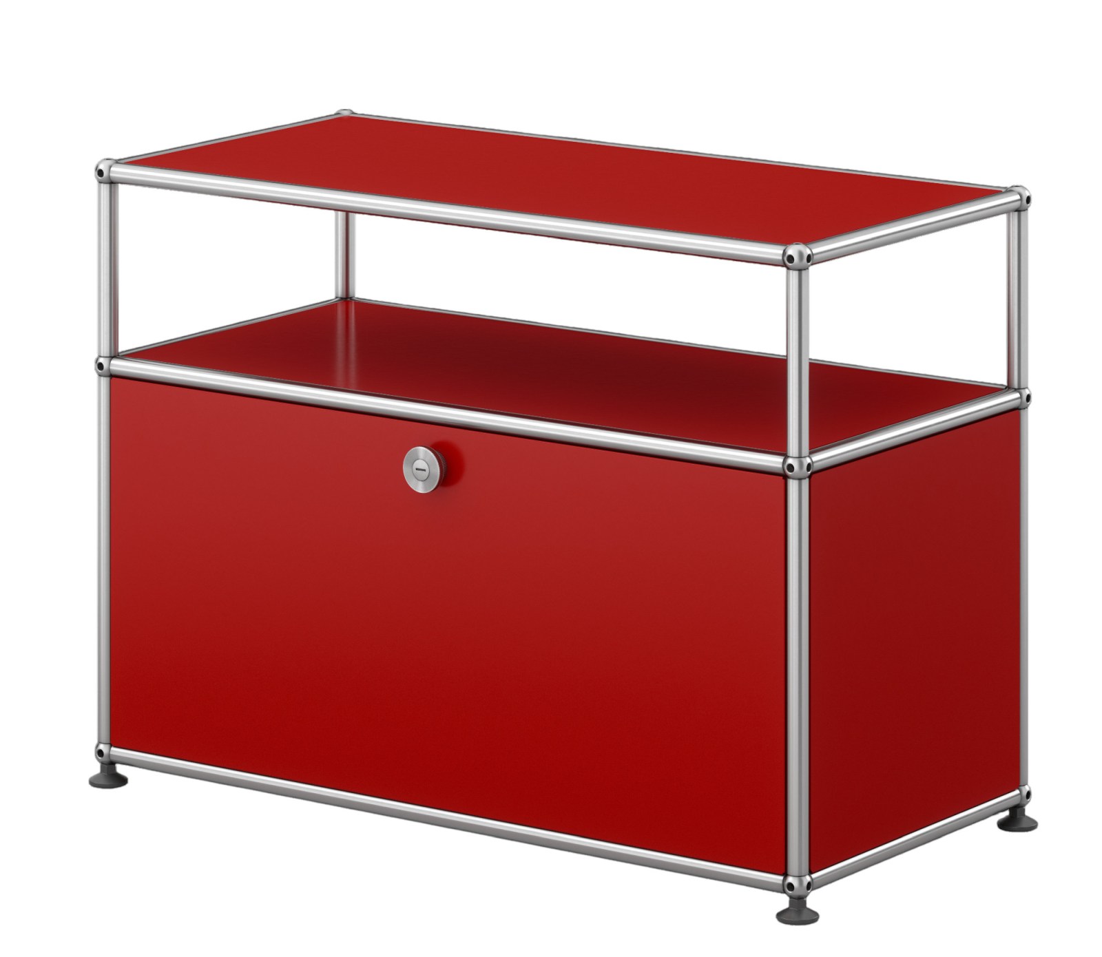 USM Haller Beistellmöbel in Rubinrot mit einer Klappe und verchromtem Gestell, modernes Design.