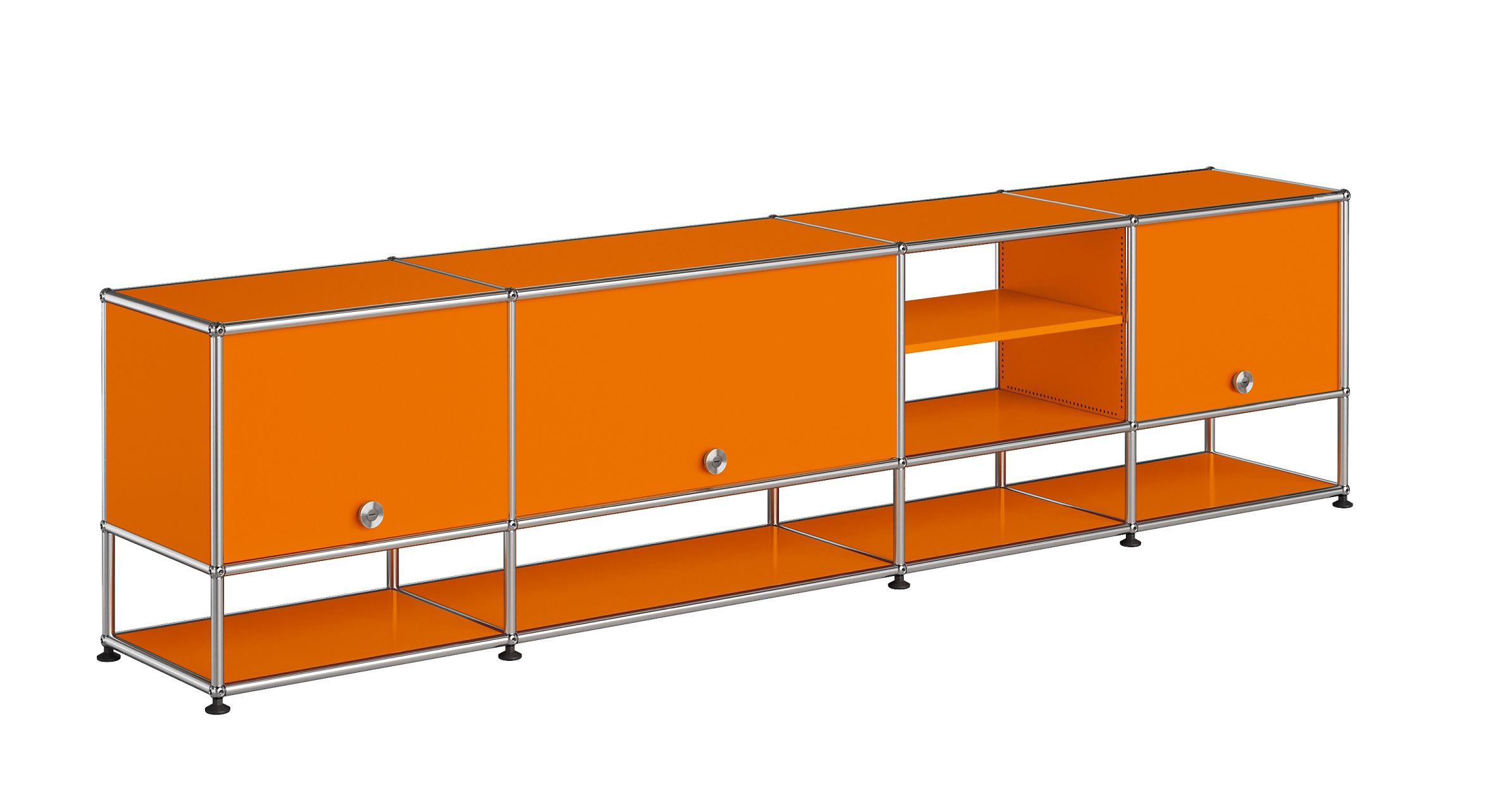 Oranges USM Haller Lowboard mit Fächern und Türen, modernes Designmöbel für Wohnzimmer.