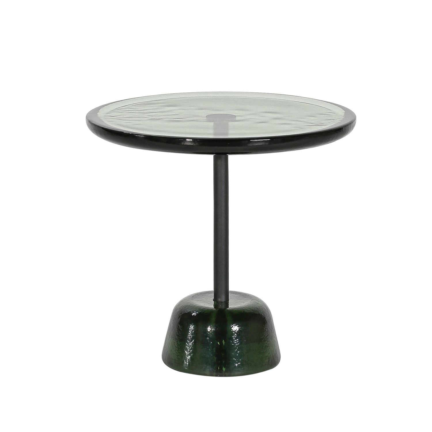 Pina Beistelltisch von Pulpo, niedriger runder Tisch mit grüner Basis und Glasplatte.