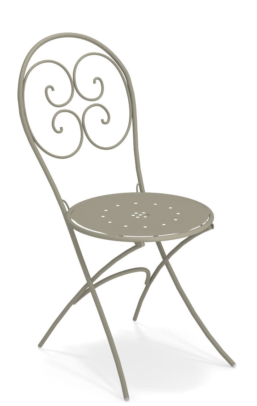 Pigalle Klappstuhl Outdoor Emu: Grauer Metallstuhl mit Lochmuster und geschwungenem Rückenteil für Garten und Balkon.