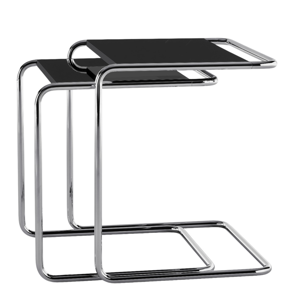 Zwei JS. Thonet B97 Beistelltische mit schwarzer Platte und verchromtem Stahlrohrgestell. Moderner Designklassiker.