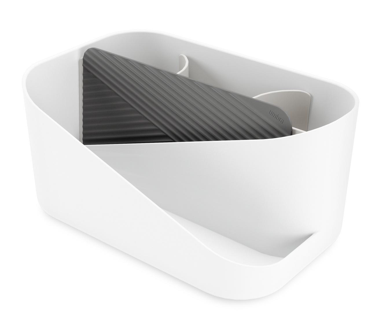 Weißer Umbra Organizer für Haarpflegeprodukte mit grauen Fächern, ideal für Badezimmer und Frisiertisch.