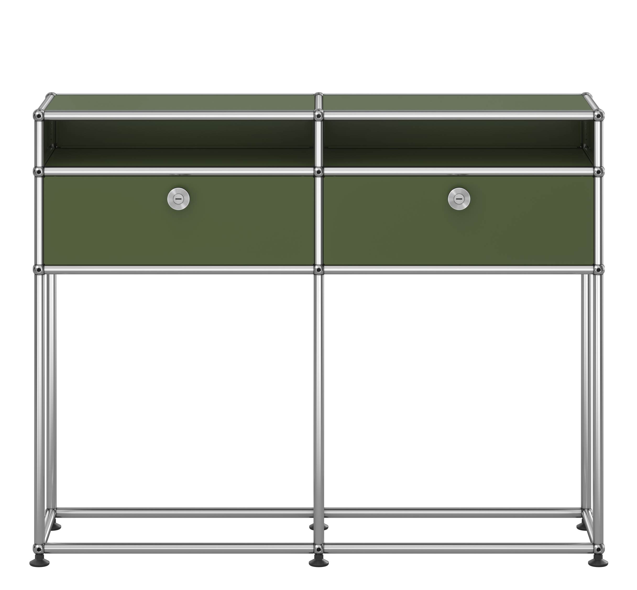 USM Haller Sideboard in Olivgrün mit zwei Schubladen und offenen Fächern auf Chromgestell.