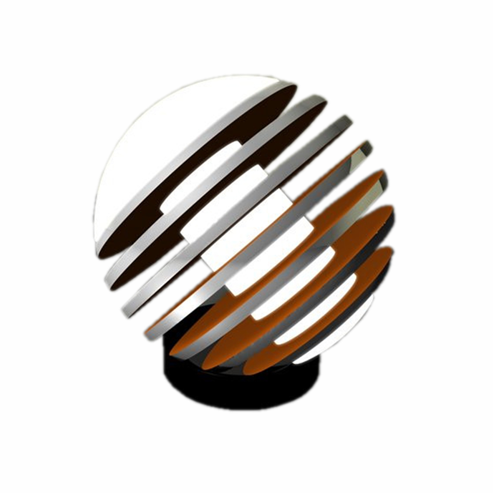 Bulo Tischleuchte Tecnolumen: Moderne Designleuchte mit kreisförmigen Elementen in Weiß, Silber und Orange.