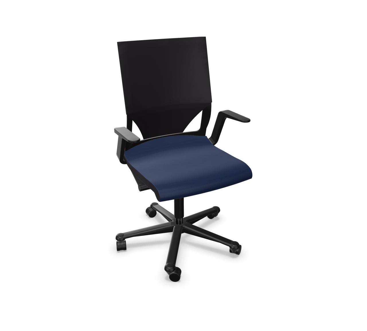 Wilkhahn Modus Bürostuhl 275/7 mit blauem Sitzpolster und schwarzer Rückenlehne. Ergonomischer Drehstuhl.