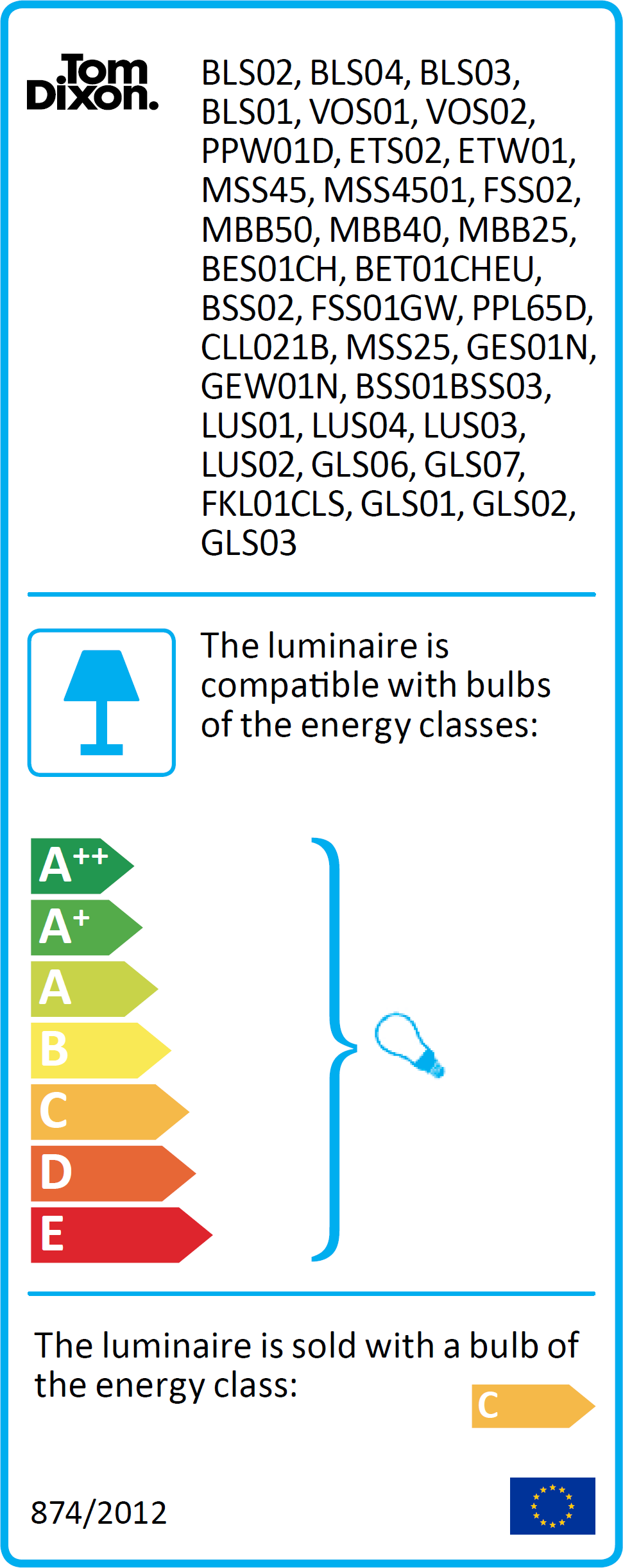 Energieeffizienzlabel für Tom Dixon Pendelleuchte, kompatibel mit A++ bis E, inklusive C-Glühbirne.