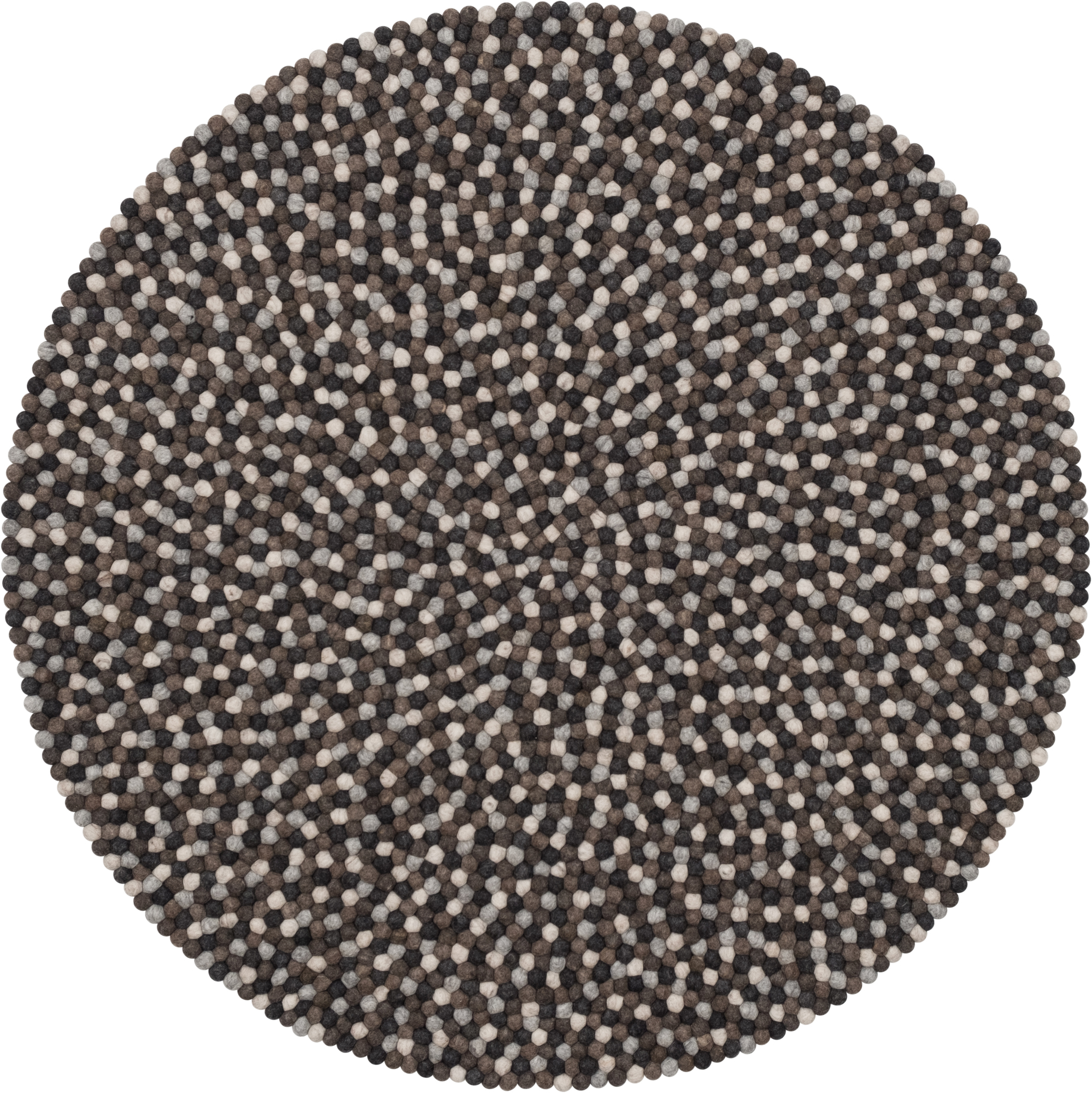 Runder Filzkugel Teppich "Nela" in Grau- und Beigetönen, handgefertigt aus reiner Schurwolle.