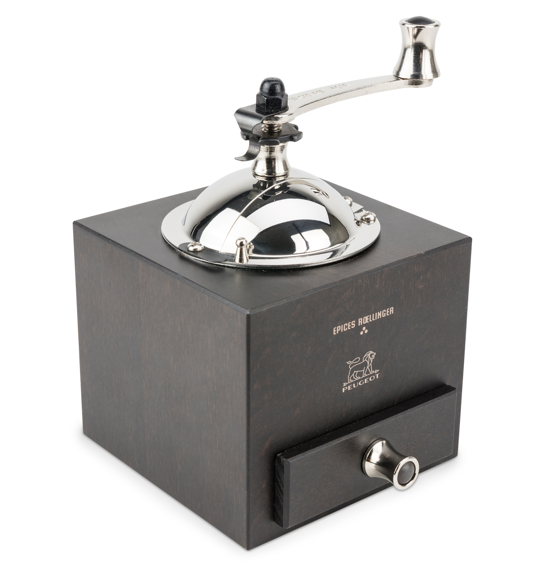 Roellinger Pfeffermühle von Peugeot aus dunklem Holz mit Kurbel und Schublade.