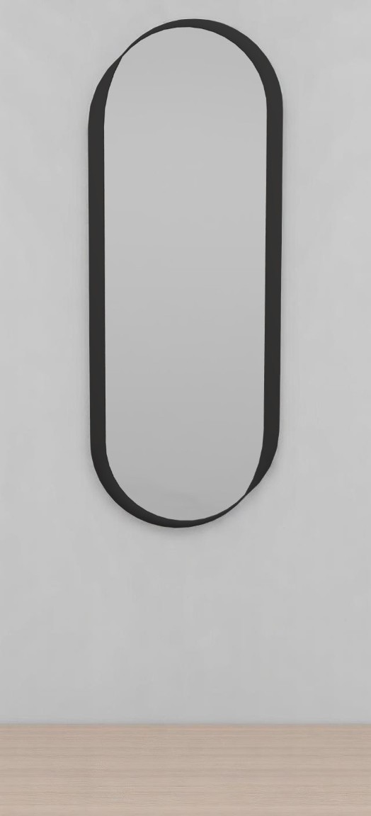 Kimo Wandspiegel von Schönbuch, länglicher Spiegel mit schwarzem Rahmen an einer weißen Wand.