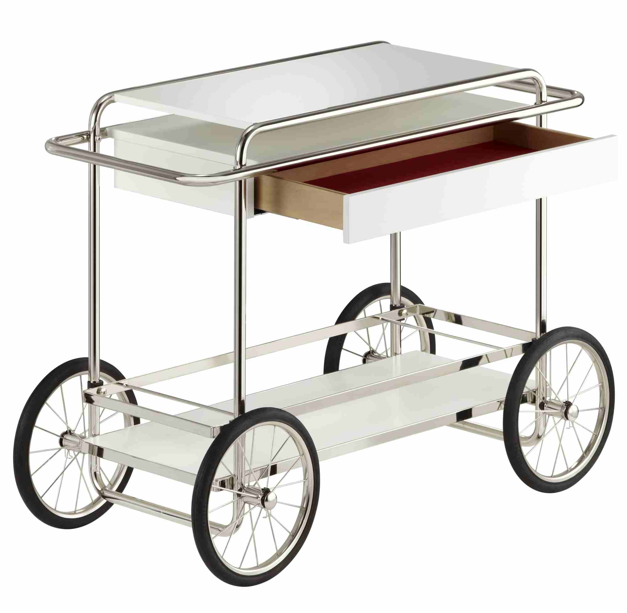 M4RS Tecta Barwagen in Schwarz und Anthrazit mit offener Schublade und Rädern.