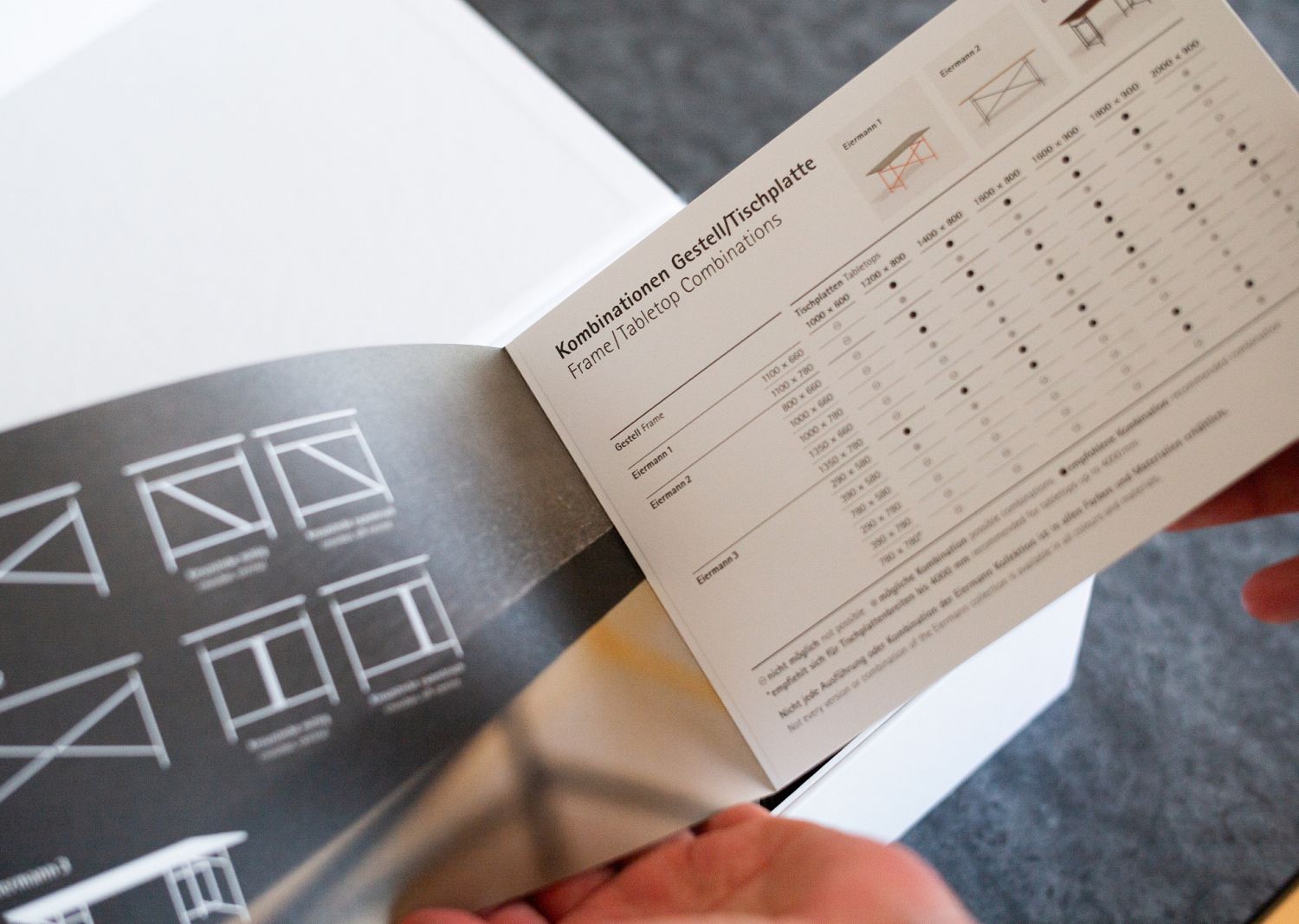Eiermann Musterbox: Detailansicht der Kombinationsmöglichkeiten für Tischgestelle und Tischplatten. Richard Lampert Design.