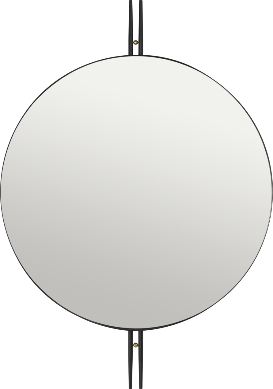 IOI Wandspiegel von Gubi, runder Spiegel mit schwarzem Rahmen und filigraner Aufhängung.