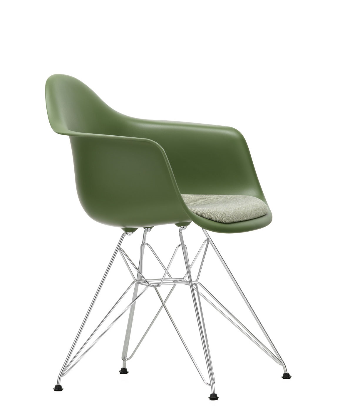 Grüner Eames Plastic Arm Chair DAR Stuhl mit Sitzpolster und verchromtem Drahtgestell.