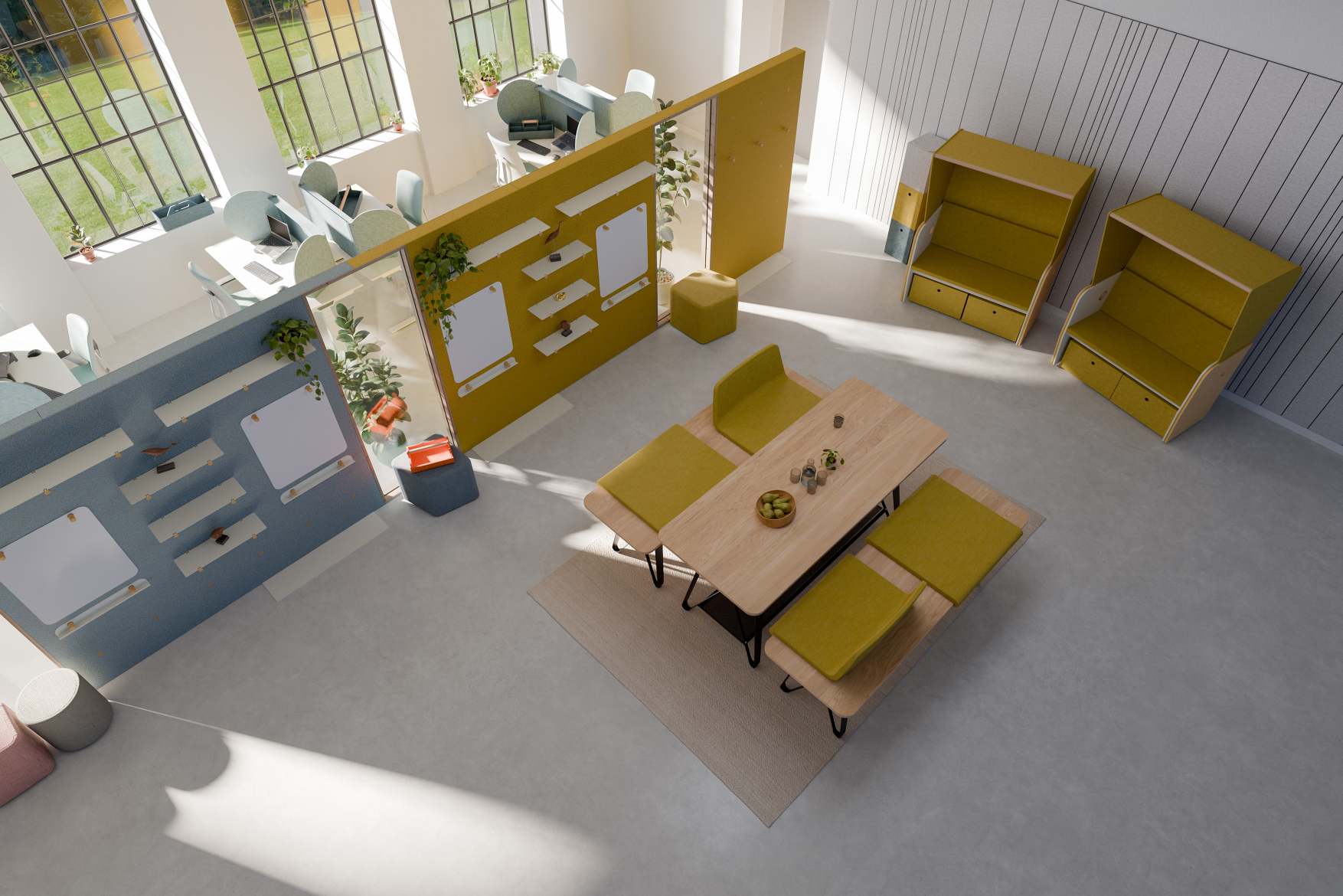 Helle Büroumgebung mit Palmberg Strandkorb-ähnlichen Rückzugsorten und Besprechungsbereich mit Tisch und Bänken.