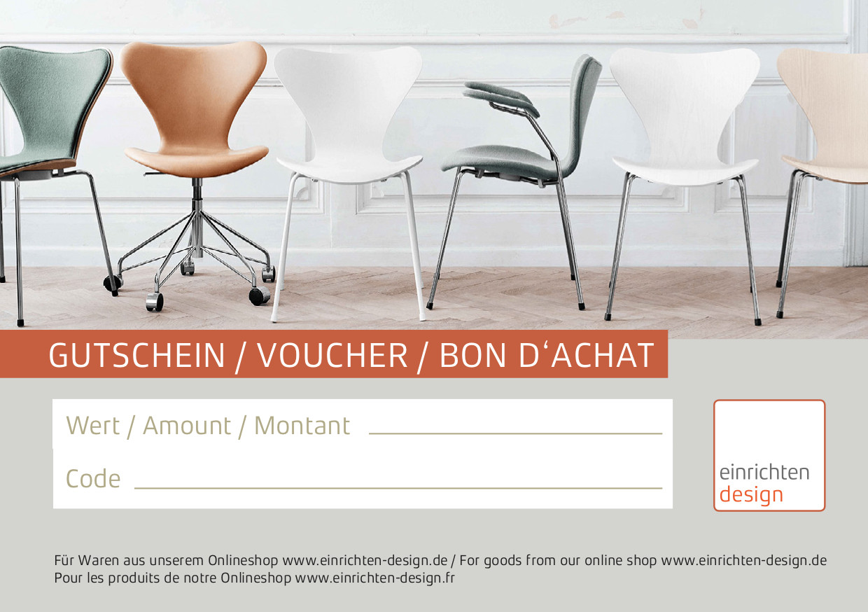 Gutschein 100 Euro für Möbel und Design. Motiv: Stühle in verschiedenen Farben.