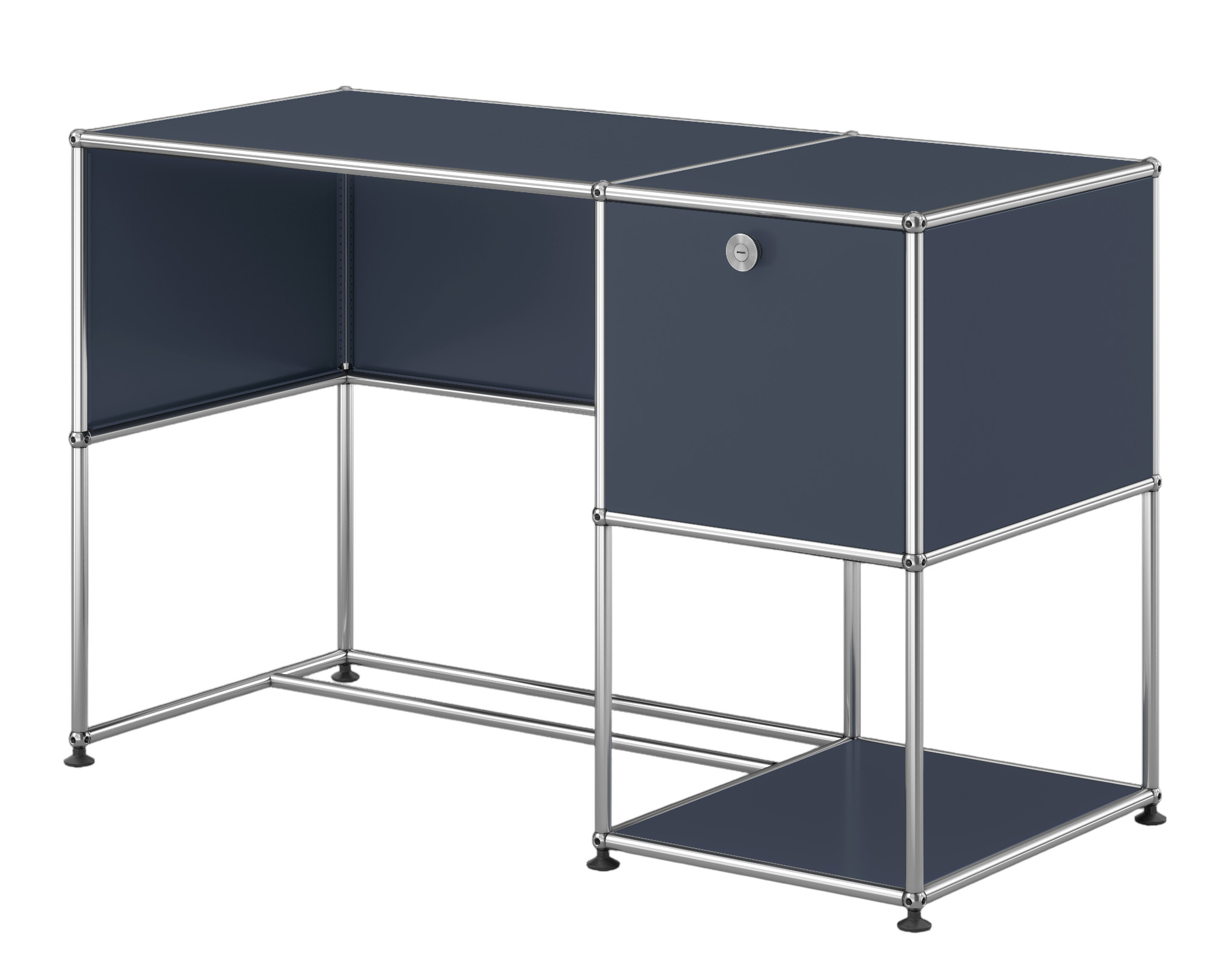USM Haller Schreibtisch in Anthrazitgrau mit einem Schubladenelement und verchromtem Gestell, modernes Design für Büro und Arbeitszimmer.
