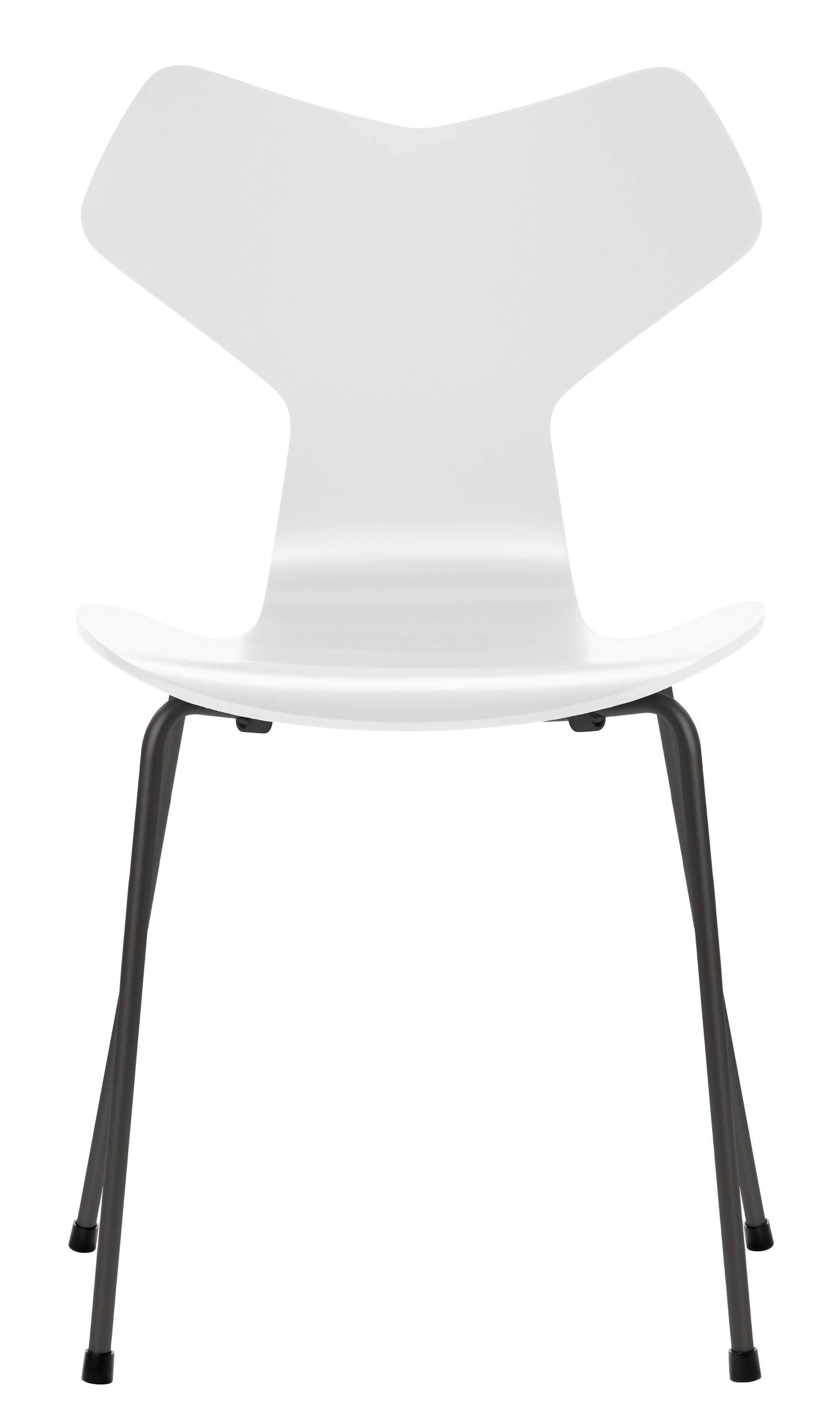 Weißer Grand Prix Stuhl von Fritz Hansen mit schwarzen Beinen, Frontansicht. Designklassiker für Esszimmer und Büro.