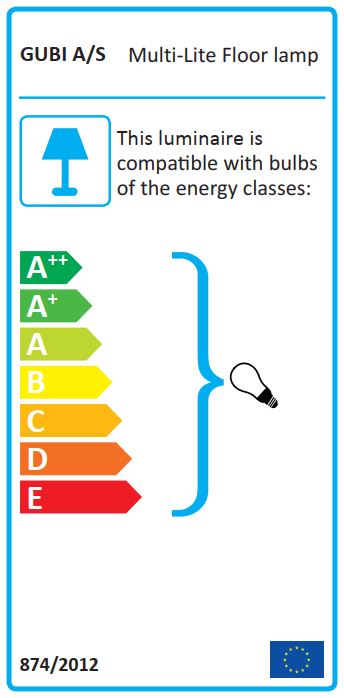 Energieeffizienzlabel für Gubi Multi-Lite Stehleuchte, kompatibel mit Leuchtmitteln der Klassen A++ bis E.