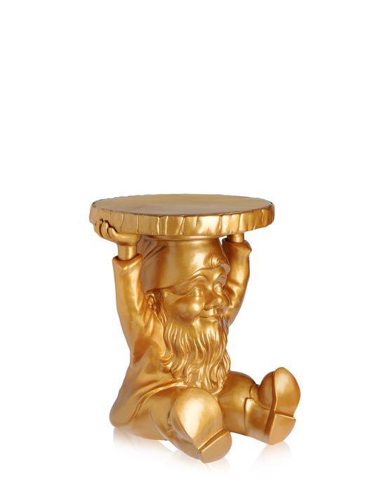 Goldener Gartenzwerg Hocker "Gnomes Kartell" als Beistelltisch oder Dekoration für Innen und Außen.