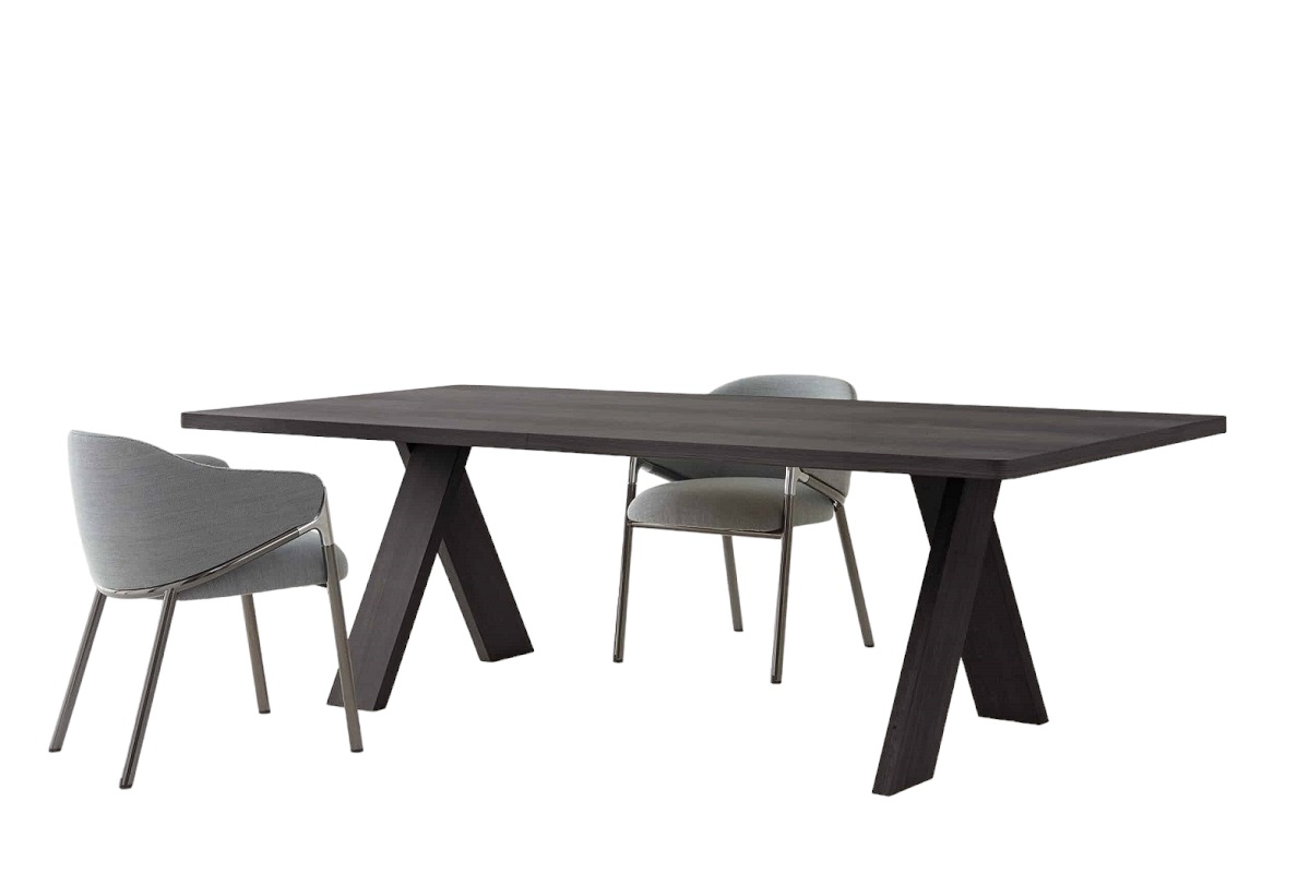 Artful Wood Table: Dunkler Holztisch mit X-förmigem Gestell und zwei grauen Stühlen.