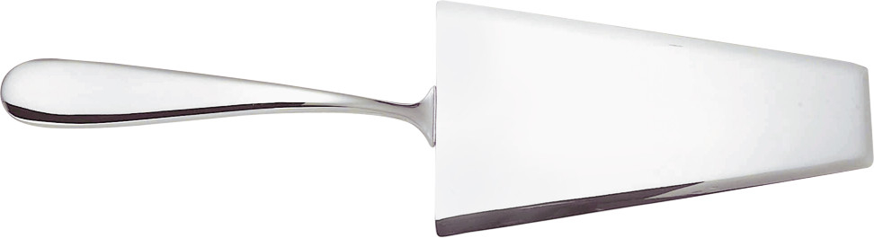Nahaufnahme eines Servierhebers aus der Alessi Nuovo Milano Besteckgarnitur, glänzend polierter Edelstahl.