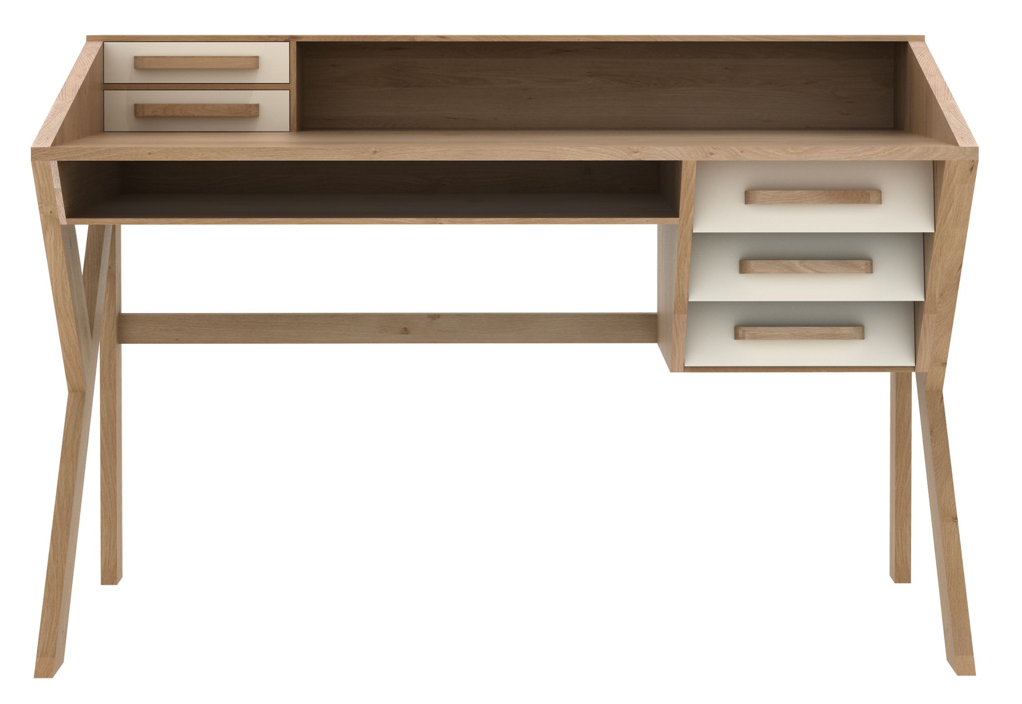 Origami Schreibtisch aus Eiche mit cremefarbenen Schubladen, modernes Design für Arbeitszimmer und Büro.