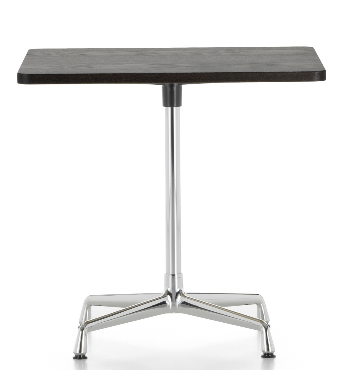 Quadratischer Eames Contract Table von Vitra mit dunkler Tischplatte und verchromtem Fuß.