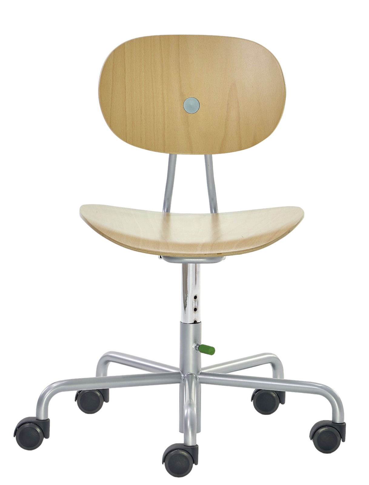 Turtle Kinderdrehstuhl von Richard Lampert mit Rollen, Holz-Sitzfläche und Rückenlehne, ergonomisch und höhenverstellbar.