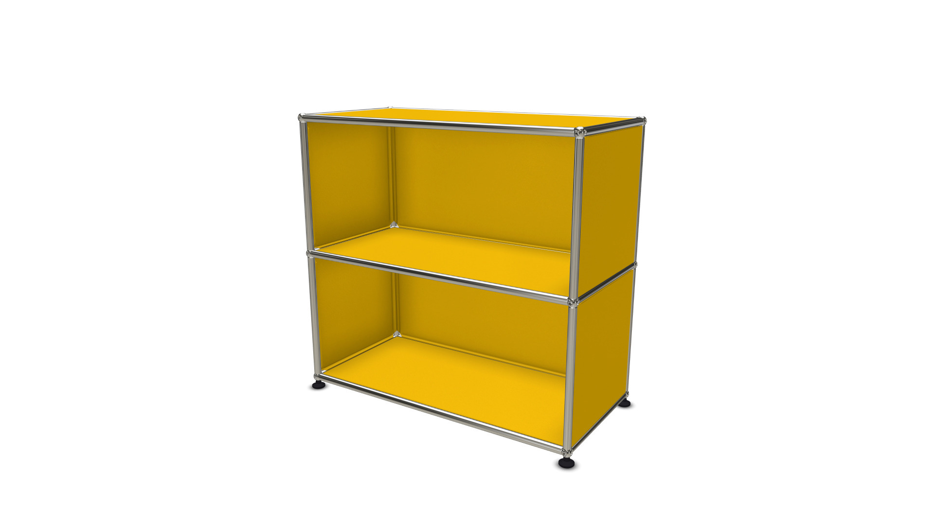 USM Haller Regal, offenes Sideboard in Gelb, modernes modulares Möbeldesign für Wohnzimmer und Büro.