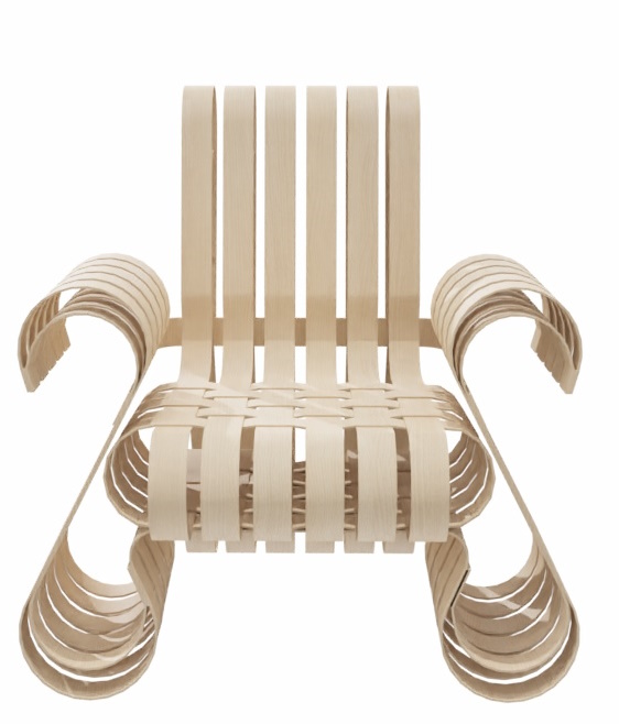 Klubsessel Power Play von Knoll International: Moderner Sessel aus hellem Holz mit außergewöhnlichem Design.