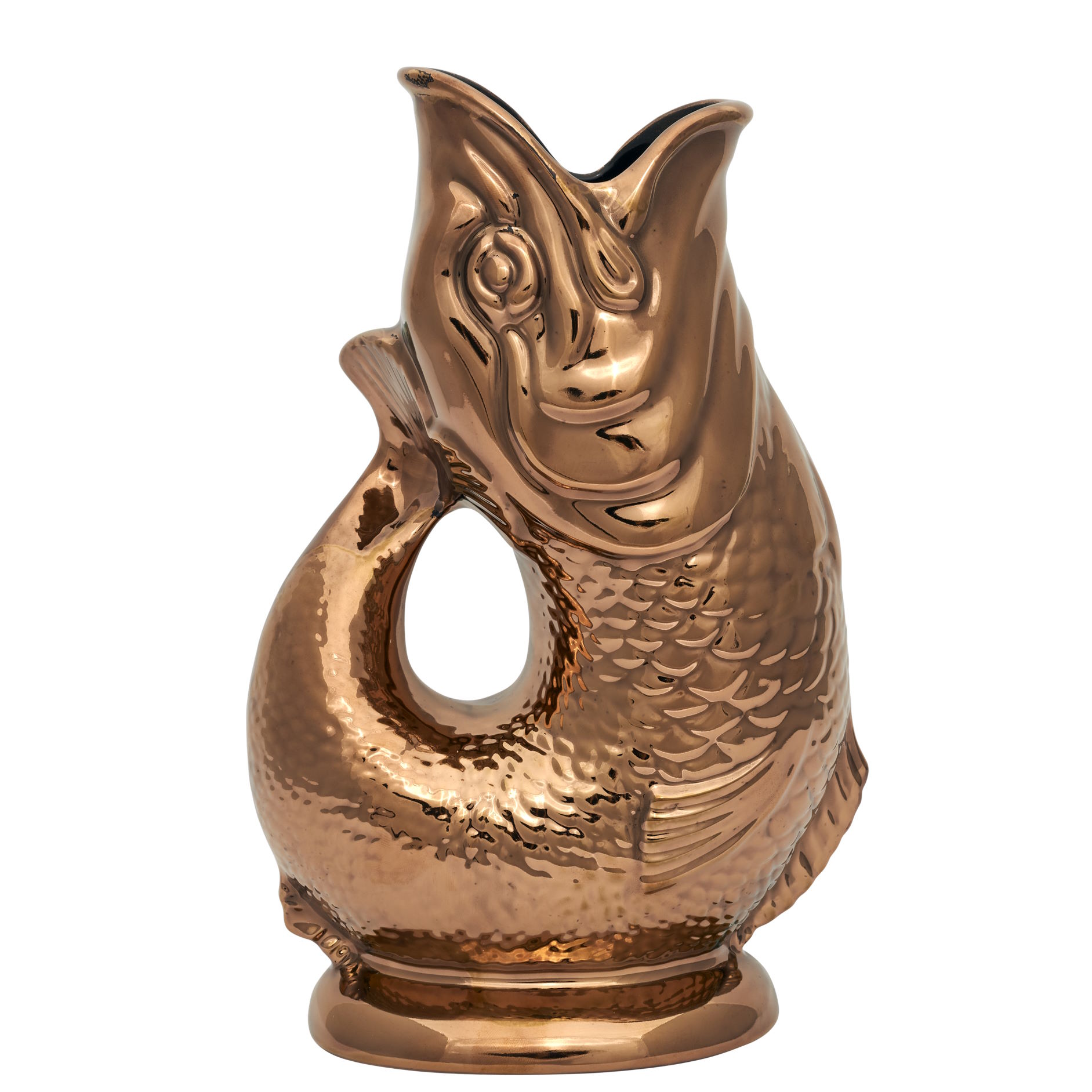 Kupferfarbene Gluckigluck Fisch Karaffe, Wasserkaraffe in Fischform, Keramik, dekorative Tischdeko für Küche und Esszimmer.