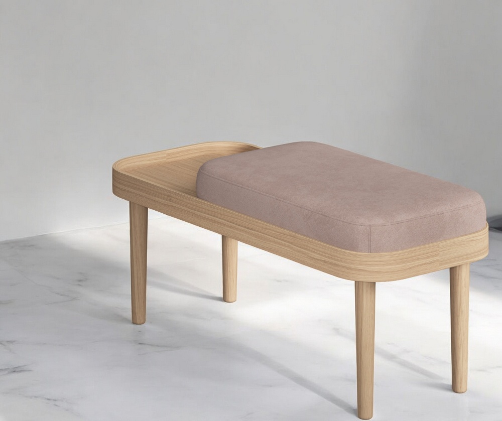 Serena Bank Eiche natur mit weißem Nubbio Polster, moderne Holzbank für Wohnzimmer.