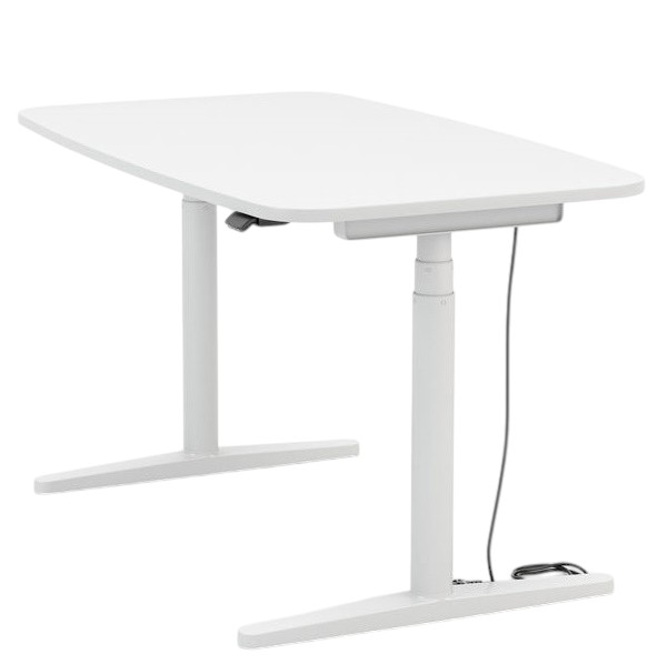 Vitra Tyde 2 Home Desk, weißer Steh-Sitz-Schreibtisch mit höhenverstellbarem Gestell für ergonomisches Arbeiten.
