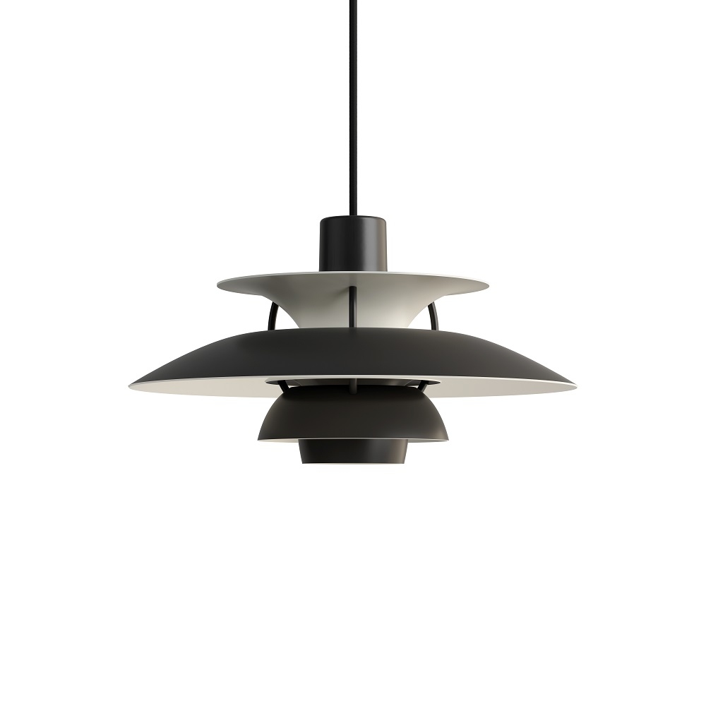 Schwarze PH 5 Mini Pendelleuchte von Louis Poulsen, moderne Designlampe für Wohnzimmer und Esszimmer.